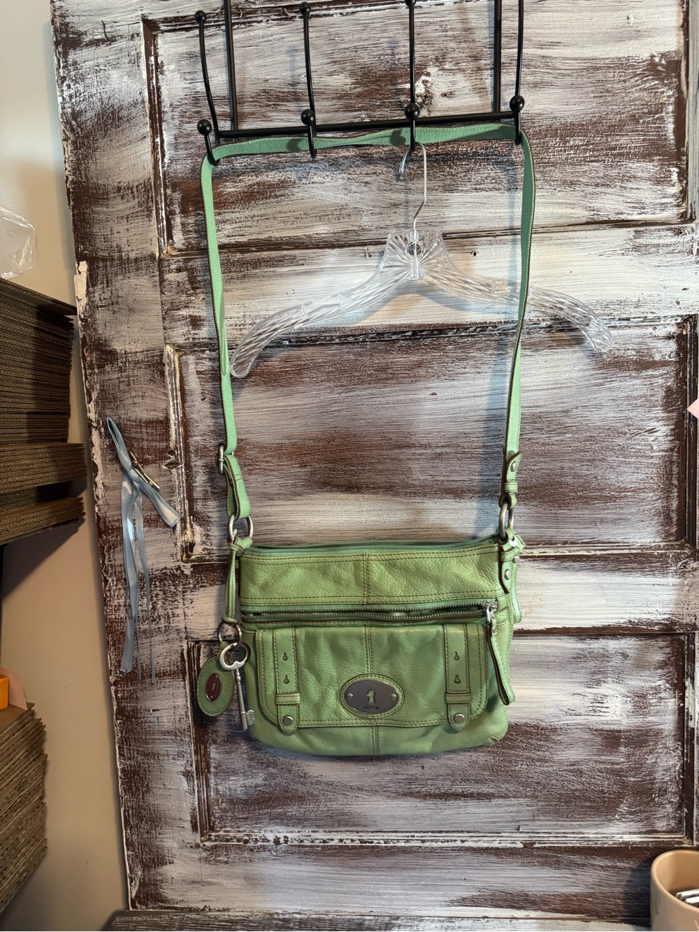 Fossil Green Leather Crossbody Bag with Key Charm